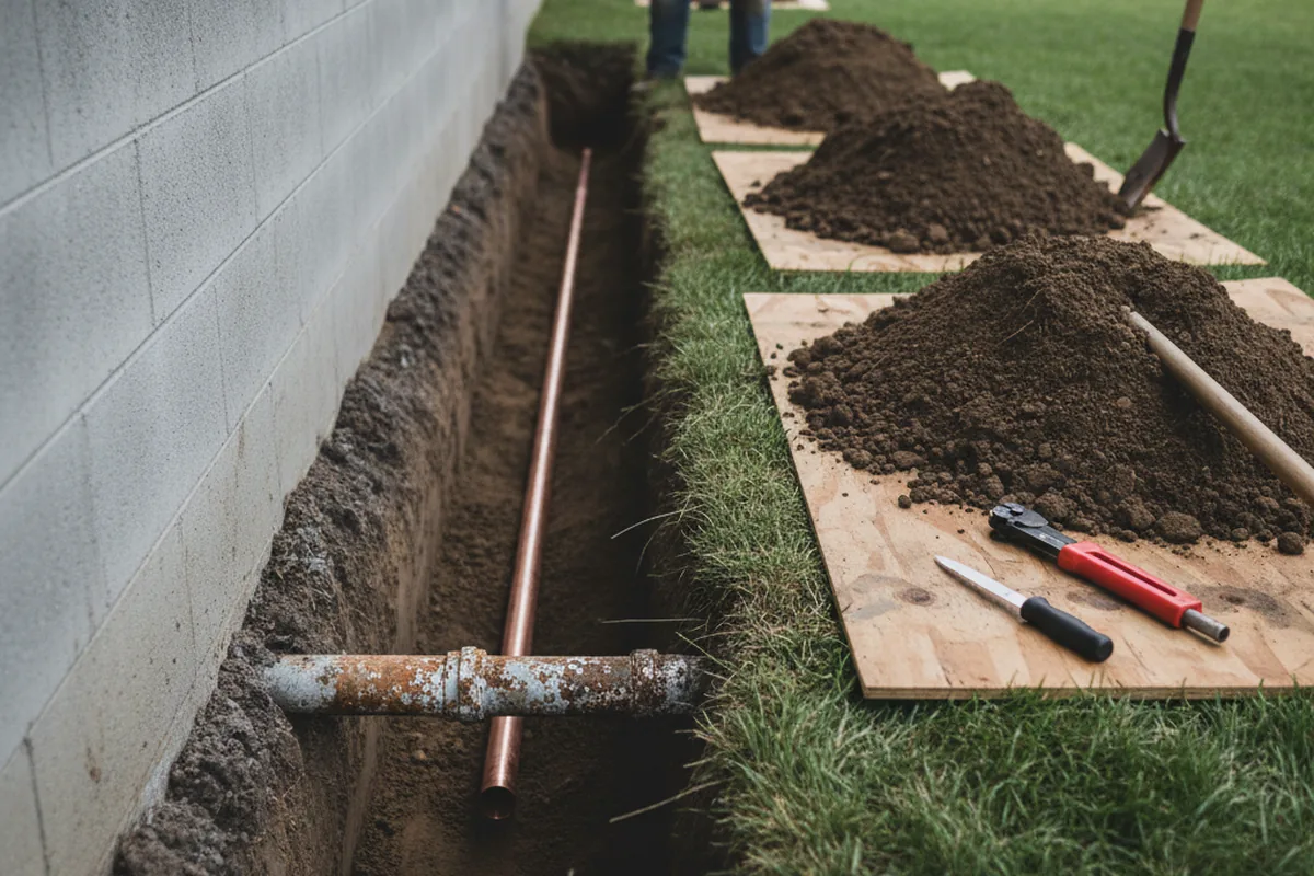 Excavated water line trench during Water Softener Installation in Steilacoom